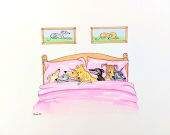 ORIGINAL PAINTING of a Whippet greyhound in a bed  ... a Original Watercolor and Ink Painting