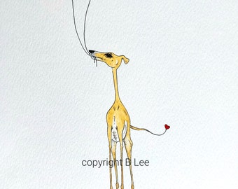 ORIGINAL PAINTING of a Whippet greyhound ...LOVE hearts, a Watercolor and Ink Painting