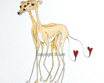 ORIGINAL PAINTING of a Whippet greyhound ...LOVE hearts, a Watercolor and Ink Painting