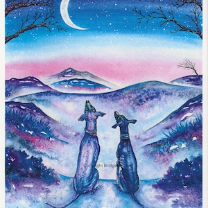 May include: Two black dogs sit in a snowy landscape, looking up at a crescent moon and a starry night sky. The sky is a gradient of pink, blue, and purple. The dogs are silhouetted against the sky. The image is a watercolour painting.