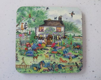 A coaster printed with my painting....Canine Cottage. with whippets greyshounds luchers italian greyhounds etc