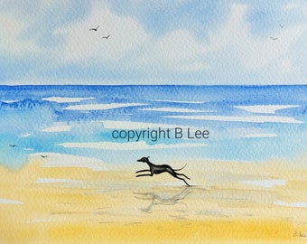 ORIGINAL PAINTING of a Whippet greyhound ...Beach, a Watercolor  Painting
