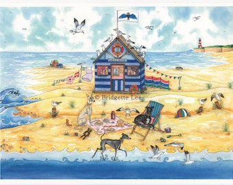 May include: A watercolor painting of a beach scene with a blue and white striped beach hut, two dogs, and seagulls. The beach hut has a sign that says "Welcome".