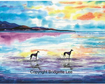 A4 whippet greyhound painting..Beautiful Morning, a Watercolor and Ink Painting