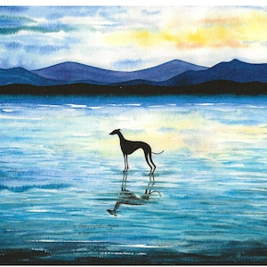 Pintura A4 de galgo whippet... &#39;Sunrise in Winter&#39; uma pintura em aquarela e tinta
