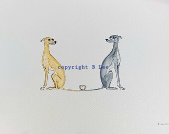 ORIGINALMÅLNING av en Whippet greyhound ... KÄRLEK, en akvarell- och bläckmålning