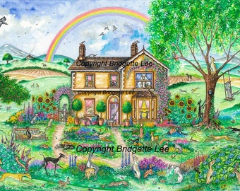 Flowers......a detailed hound in a  garden,... Watercolor and Ink painting/print