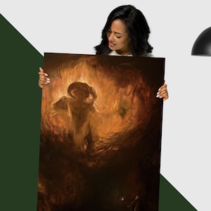 May include: A painting of a horned figure emerging from a fiery vortex, with a small figure holding a torch in the foreground. The painting is done in a dark, dramatic style with warm, earthy tones.