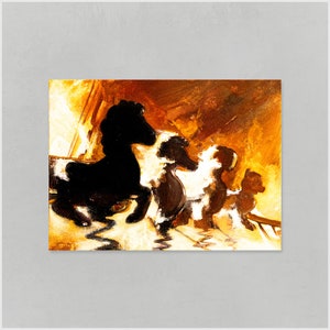 May include: A painting of a group of black horses running in a field. The horses are silhouetted against a bright orange and yellow background.