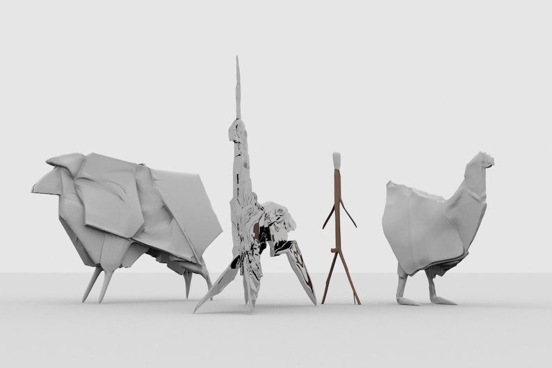 May include: Four origami paper birds in various poses, including a standing bird, a bird with its wings spread, and two birds with their heads tilted. The birds are made of white paper and are arranged on a white background.