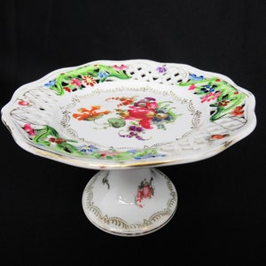 Dresden Hand Painted Reticulated Flowered Gold Trimmed Porcelain Compote Bavaria