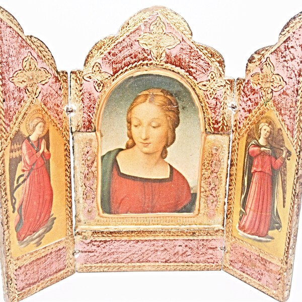 Vintage Florentine Triptych Modonna and Angels Wooden Triptych Italian Religious Icon Folk Art Wooden Alter Plaque