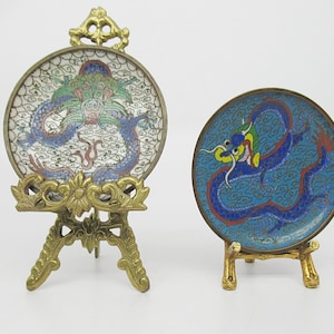 Pair of Vintage Japanese and Chinese Cloisonne Small Plates Brass Enamel Chinese Year of the Dragon
