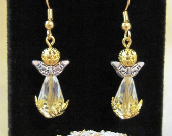 Hand Crafted Crystal Tear Drop, Silver and Gold Tone Angel Pierced Dangling Earrings