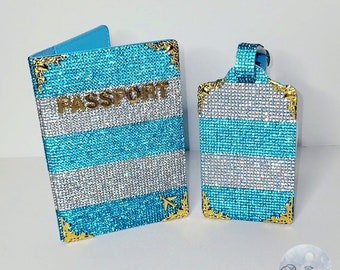 Bling Glam Aqua Wht Stripped Passport Cover set