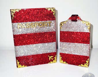 Bling Glam Red Wht Stripped Passport Cover set