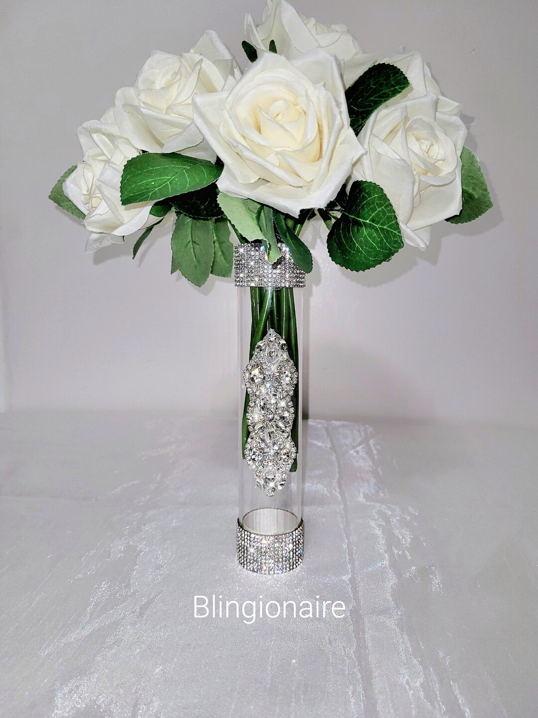  Rhinestone Bouquet Holder - Decorated Jeweled Wedding Bouquet  Holder, Bridal Handle Bouquet for Fresh/Real or Faux/Silk Flowers Bouquet  Holder- Holds 2 Dozen Flowers/Stems(Silver) : Handmade Products