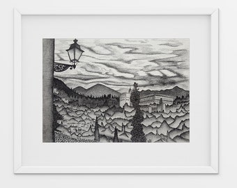 Original pencil drawing of The Alhambra Granada Spain, original graphite drawing, graphite landscape drawing, original drawing Spain