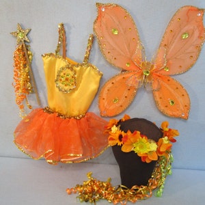 May include: A fairy costume set featuring a yellow and orange tutu dress, orange wings, a floral headband, and a star-topped wand. The dress has a gold trim and the wings are adorned with glitter.