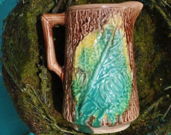 Majolica Fern Leaf Pitcher, Antique, vintage majolica, majolica pottery, Beautiful Green,