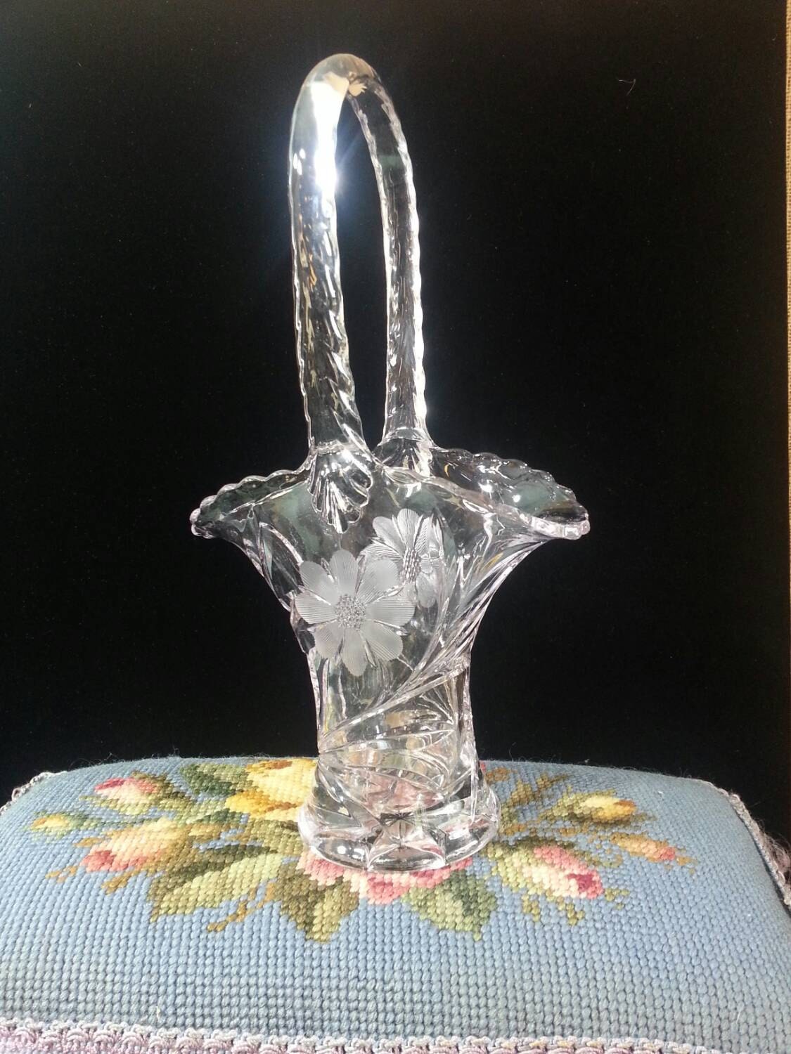 Vintage Etched Glass Basket Etched flowers Flower Vase Etsy