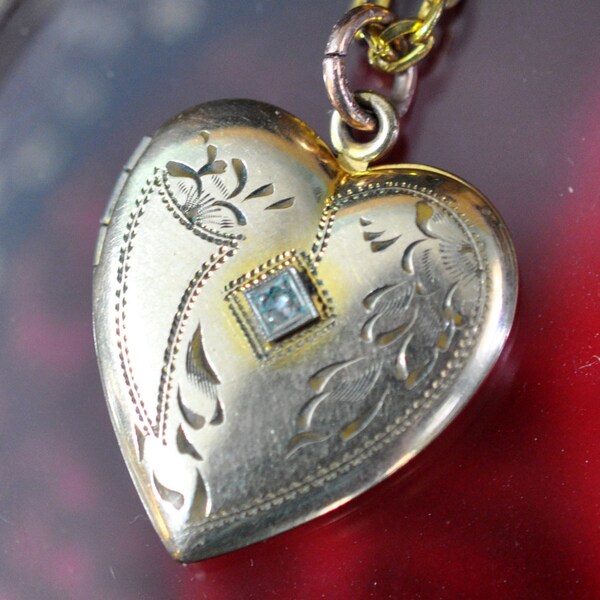Beautiful Heart Locket 12k gold filled, necklace, etched heart charm, possible diamond, Jewelry, Great Gift,  #390