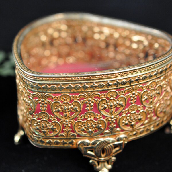 Hermosa Vintage oro caja de joyería, caja de la baratija antiguo, tenemos una gran selección de cajas de joyería en nuestra tienda, vidrio biselado, #1797