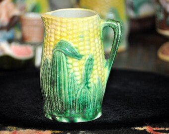 Antique Majolica Pitcher Creamer, majolica pottery, Corn green yellow pitcher, vintage majolica, 1800's, #927