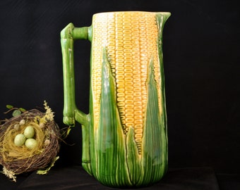 Huge 12 in. tall, Antique majolica corn pitcher, Vintage majolica pottery, rare collectable