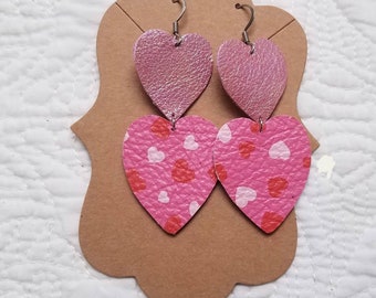 Valentine Leather Heart Earrings - Genuine Leather Earrings in Pink Hearts