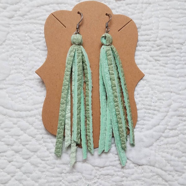 Genuine Leather Tassel Earrings in Mint - Mint Green Leather Earrings -