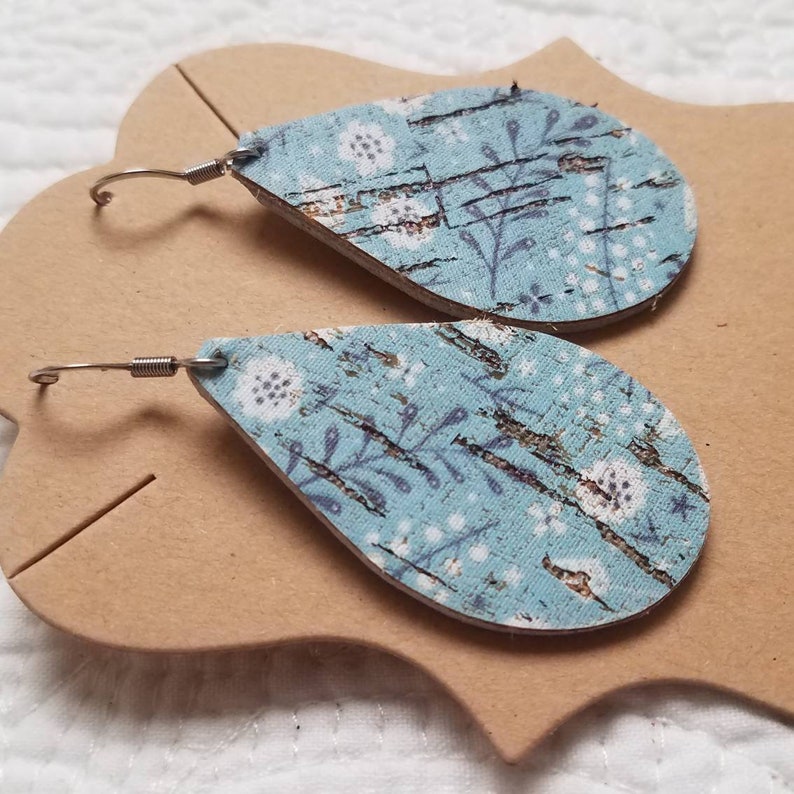 Cork Mini Teardrop Earrings in Blue Floral Blue Floral Cork Leather Earrings