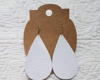 White Leather Teardrop Earrings