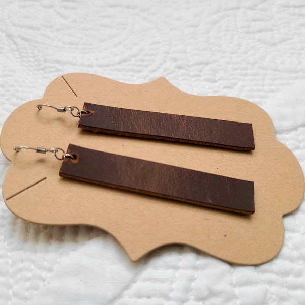 Genuine Leather Bar Earrings - Oil Tan Leather Earrings