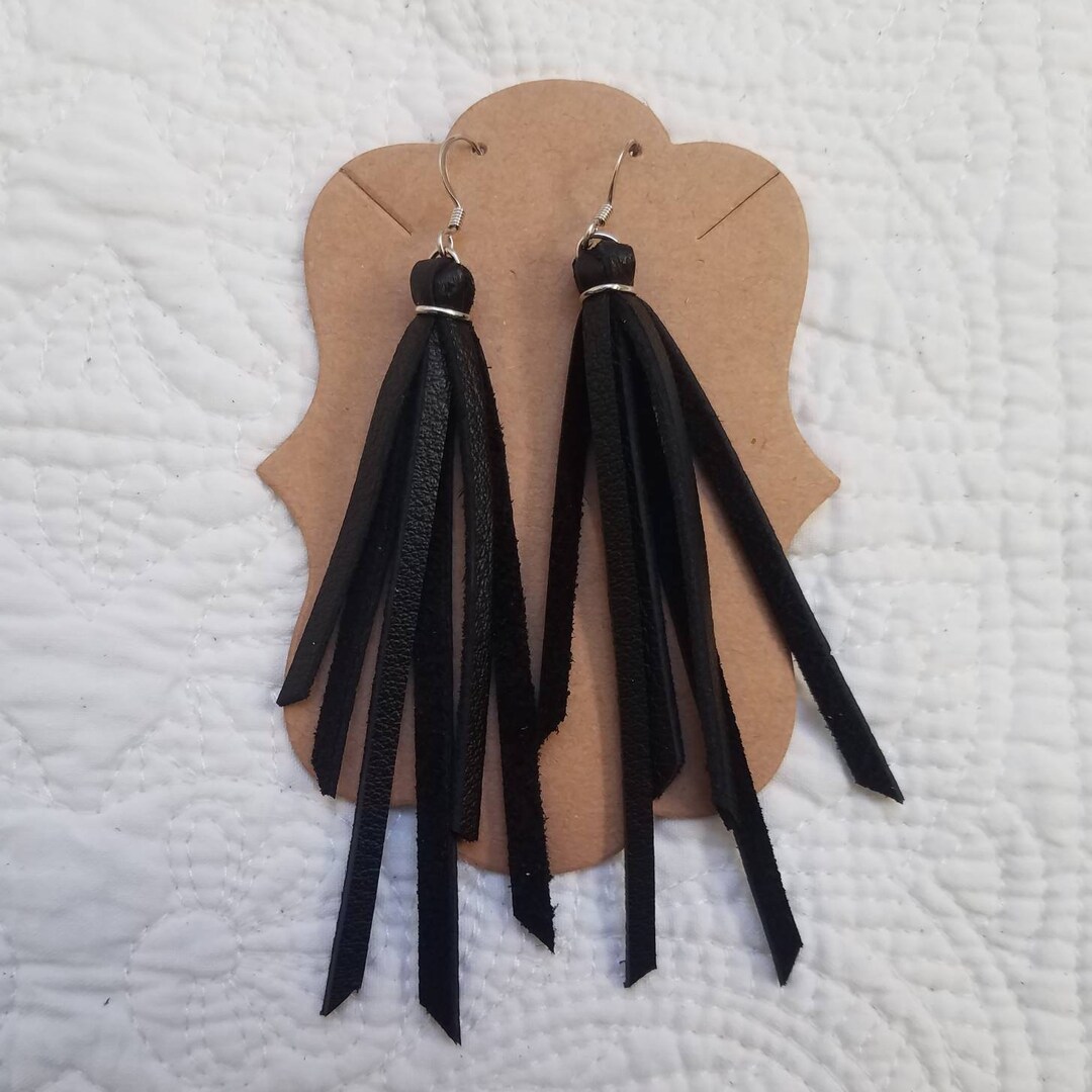 Genuine Leather Tassel Earrings in Black Black Tassel Leather Earrings ...