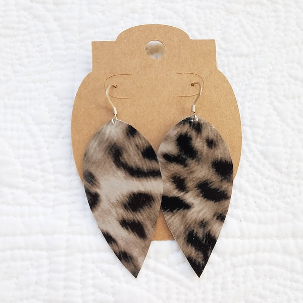 Patent Leather Leaf Earrings in Brushed Gray Leopard