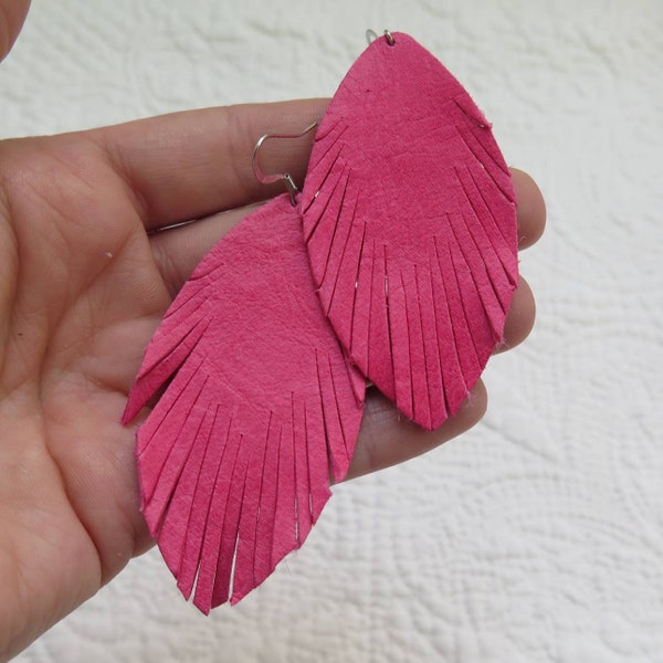 Leather Fringed Feather Earrings in Hot Pink