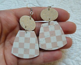 Leather and Cork Blush Checkerboard Earrings