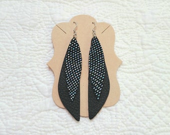 Black Leather Layered Earrings with Iridescent Shine