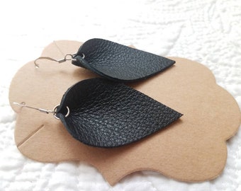 Black Leather Mini Pinched Leaf Earrings