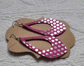 Pink and Silver Polka Dot Leather Cutout Teardrop Earrings