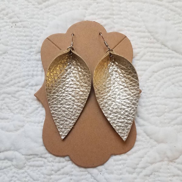 Champagne Leather Leaf Earrings in Metallic Champagne - Pinched Leaf Genuine Leather Earrings - Silver Gold Leather Earrings