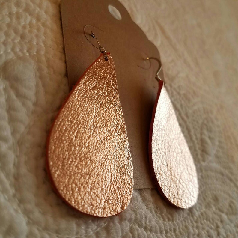 Rose Gold Leather Teardrop Earrings Metallic Leather Earrings image 2