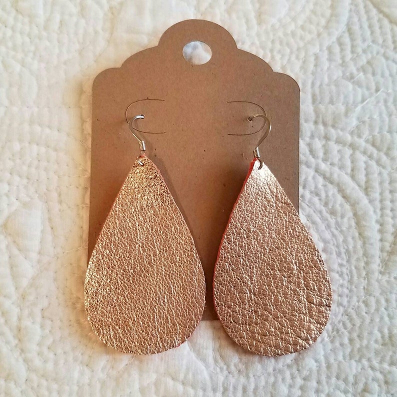 Rose Gold Leather Teardrop Earrings Metallic Leather Earrings image 1