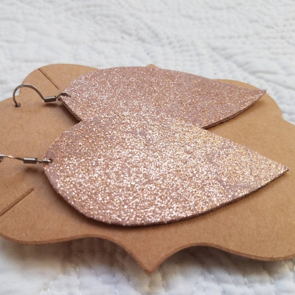 Blush Sparkle Leather Earrings - Suede Leather Petal Earrings in Glitter Blush - Blush Pink Leather Leaf Earrings