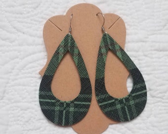 Leather Window Teardrop Earrings in Green Plaid - Plaid Leather Cutout Earrings