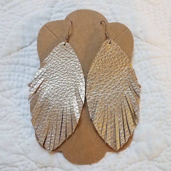 Fringed Leather Earrings in Metallic Champagne - Silver Gold Leather Fringe Feather Earrings