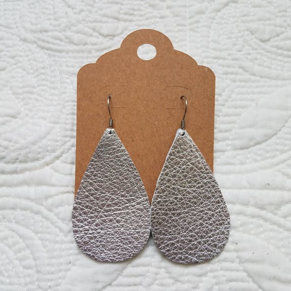 Genuine Leather Teardrop Earrings in Metallic Silver | Etsy