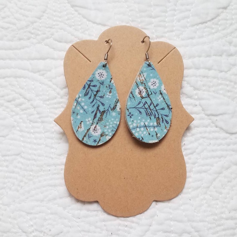 Cork Mini Teardrop Earrings in Blue Floral Blue Floral Cork Leather Earrings