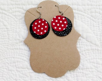 Red and Black Polkadot Leather Circle Earrings